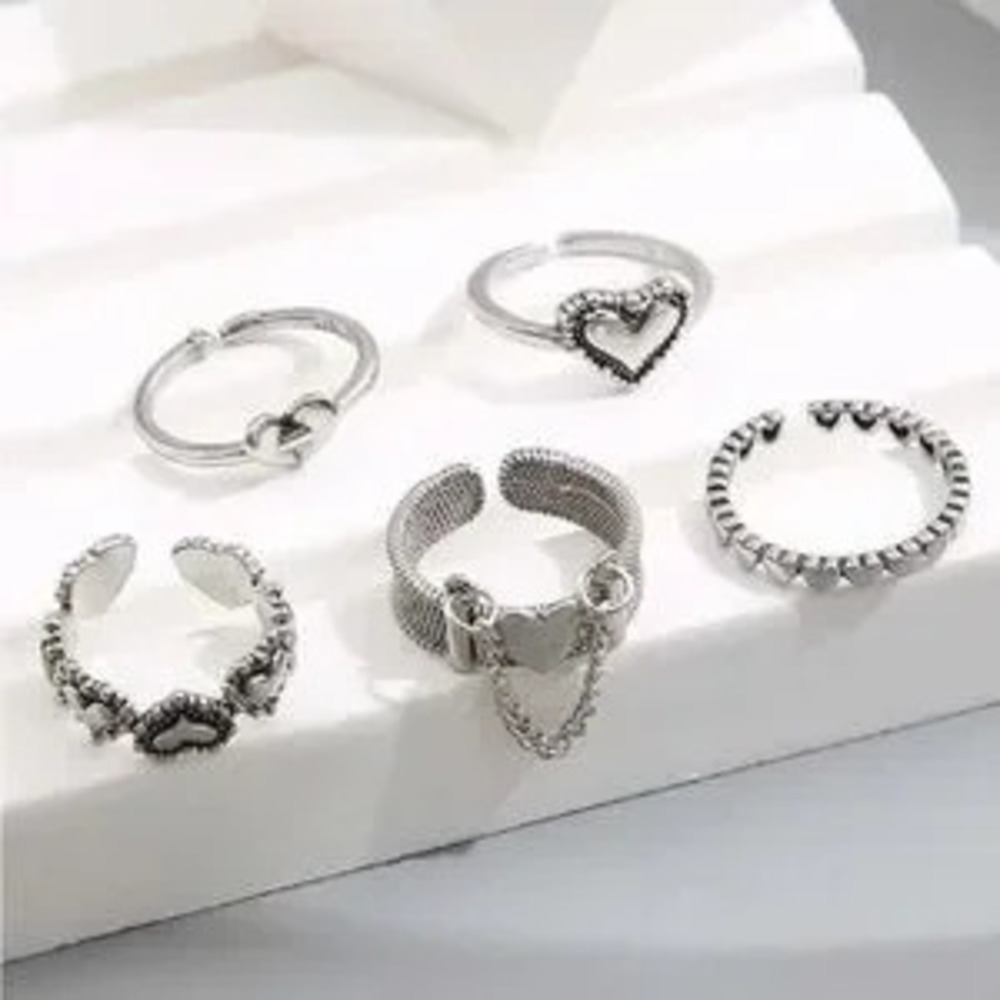 Silver 5pc heart chain ring set